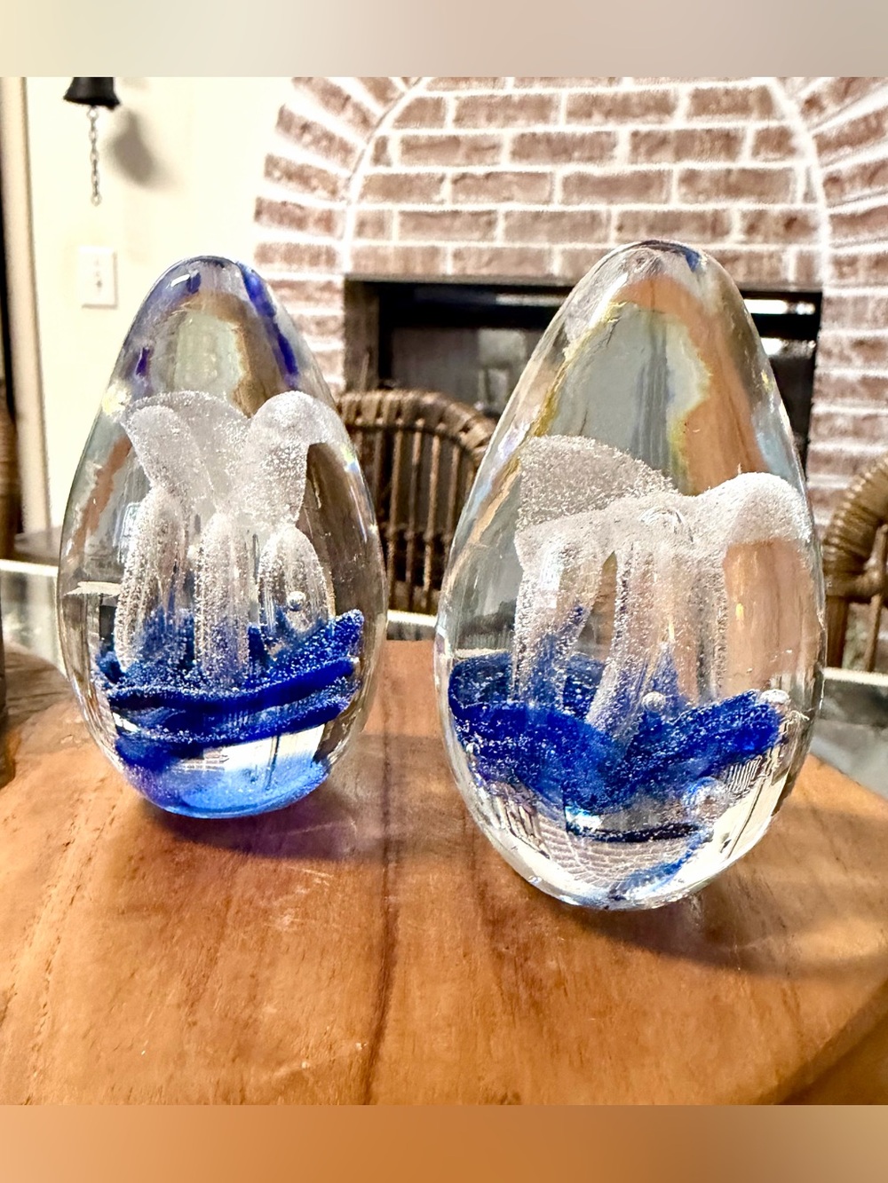 Two Blown Art Glass Paperweights Trumpet Tubes Bubble Cobalt Blue